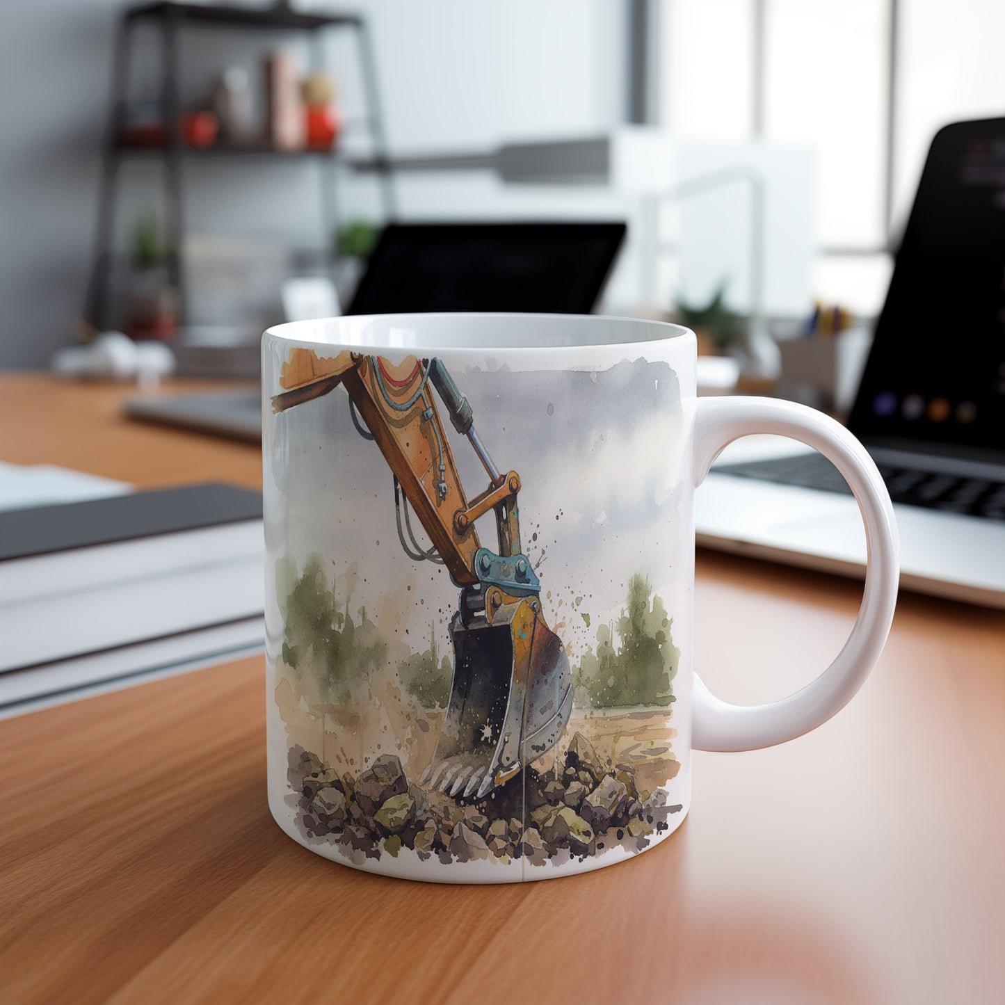 Hrnek s bagrem v dynamickém pohybu