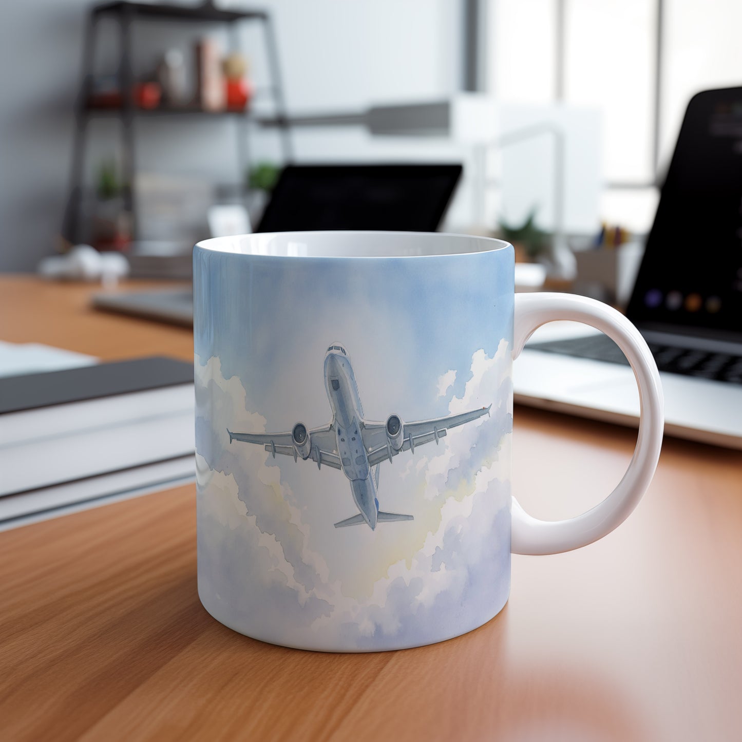 Hrnek s letadlem v modré obloze