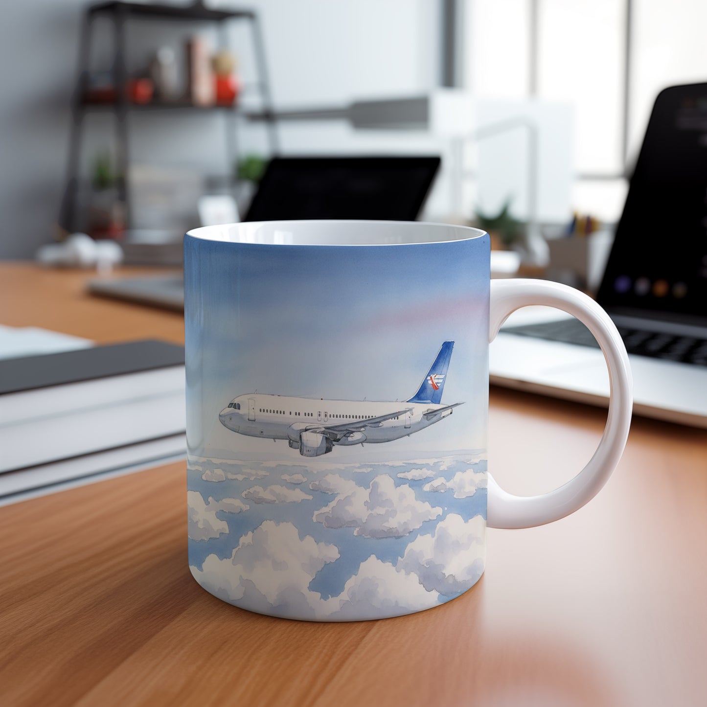 Hrnek s letadlem v nebeském výhledu