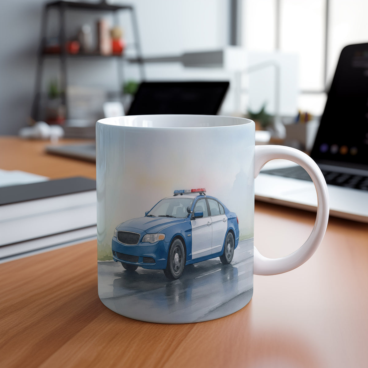Hrnek s policejním autem na mokré vozovce