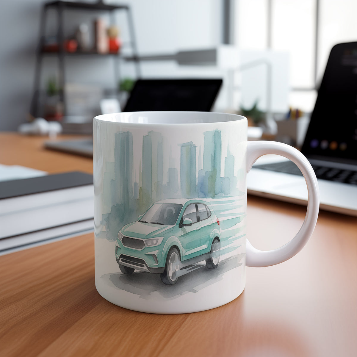 Hrnek s SUV v městském akvarelu