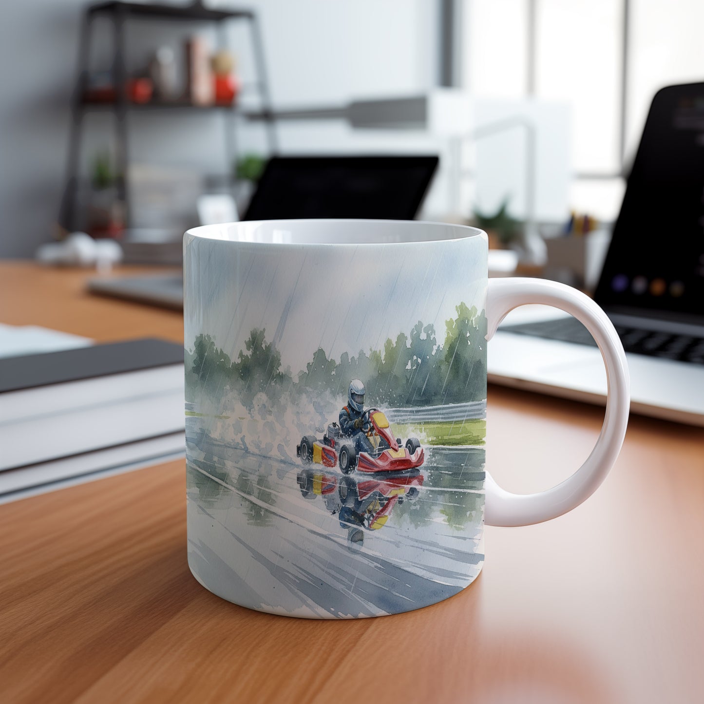 Hrnek s motokárou na mokré dráze