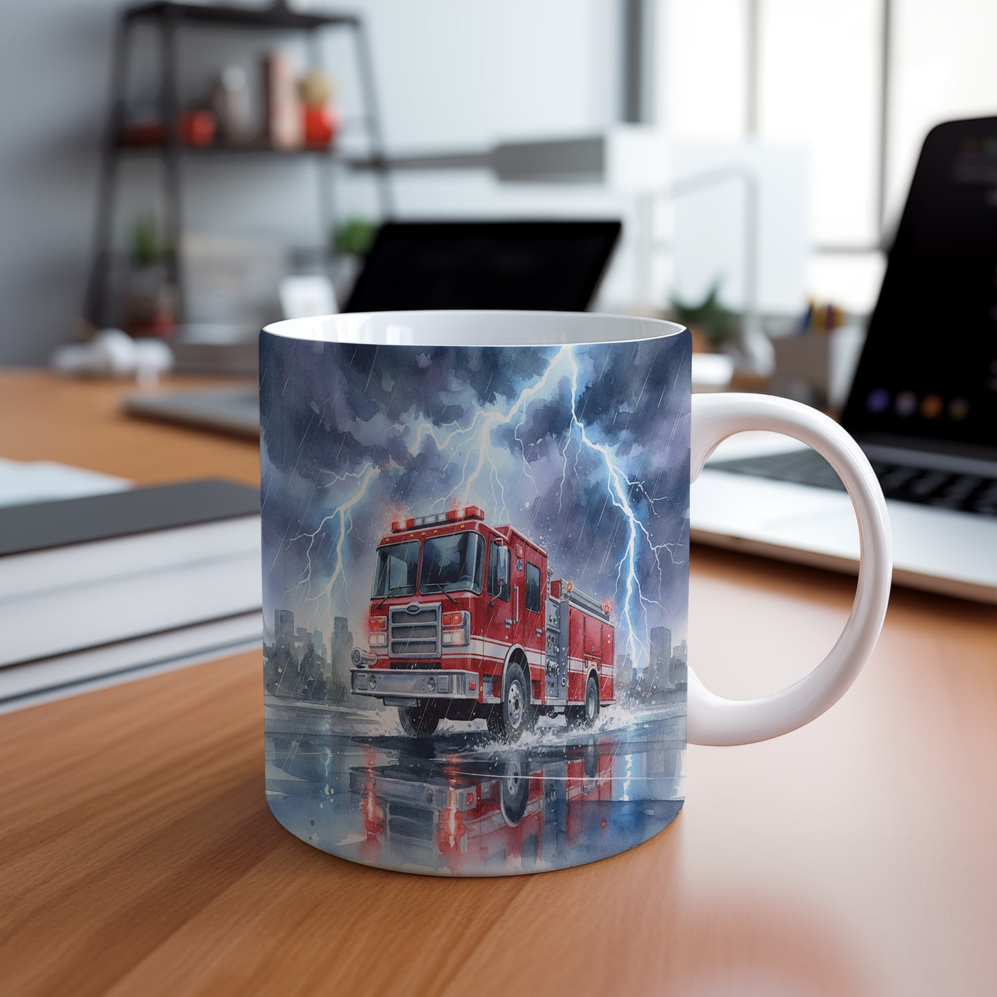 Hrnek s hasičským vozem v bouřlivé akci