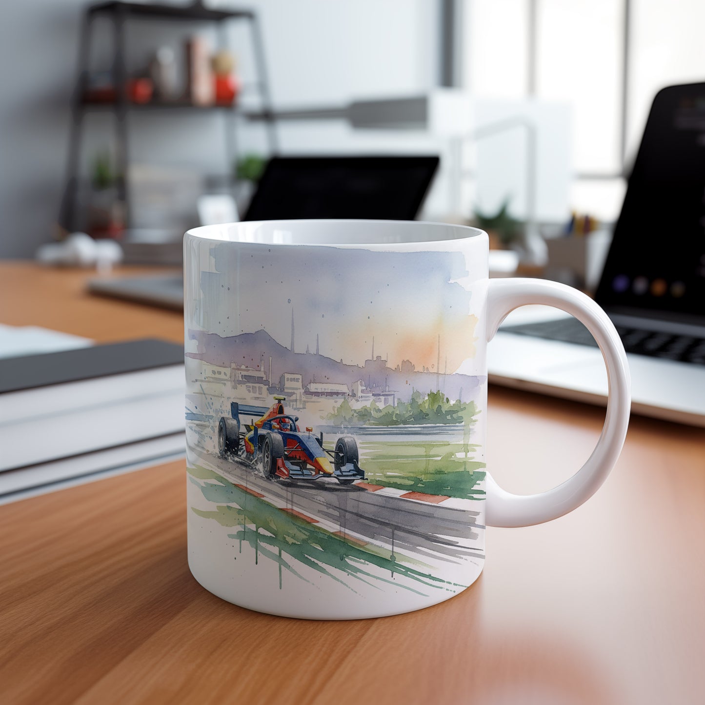 Hrnek s formulí na závodním okruhu