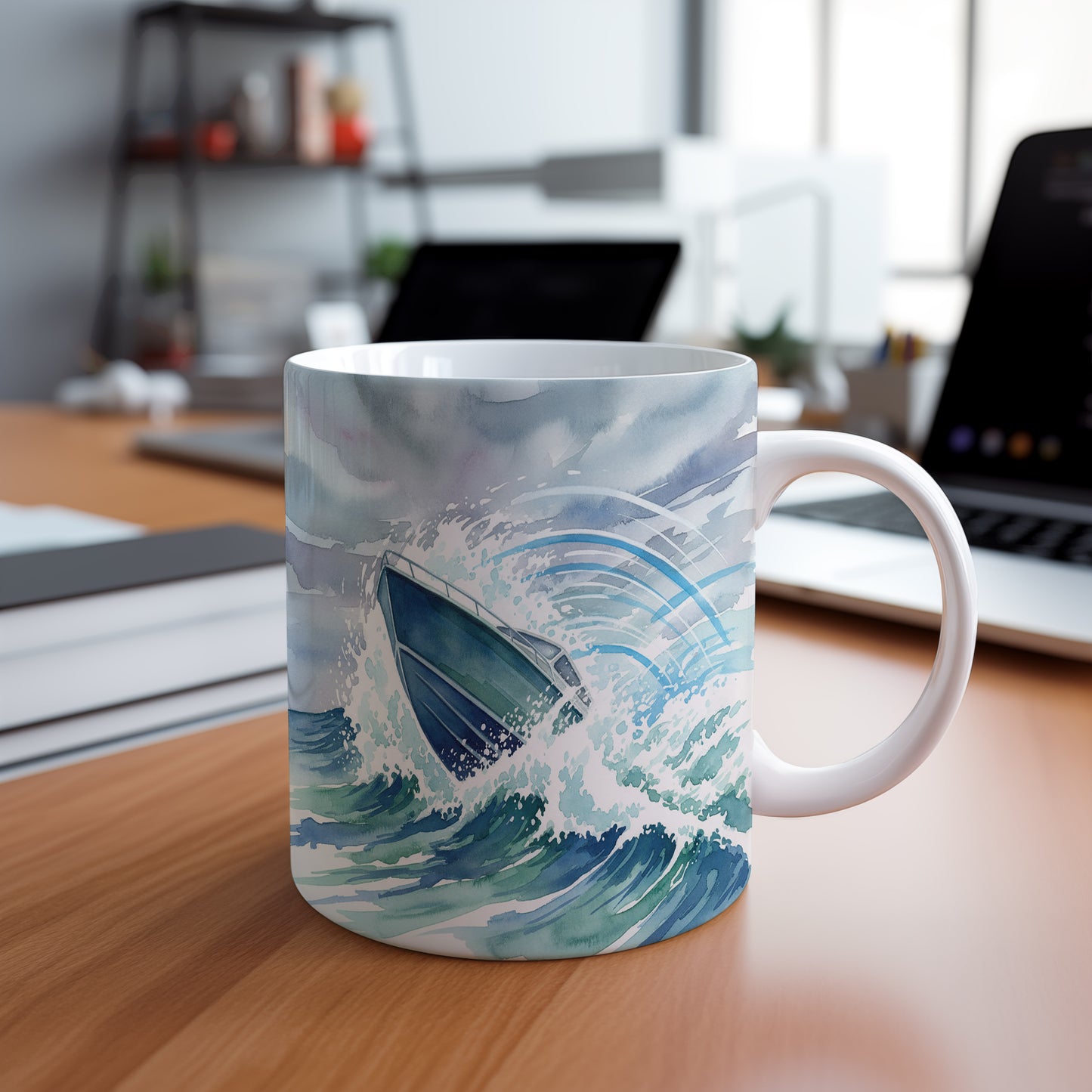 Hrnek s člunem v rozbouřených vlnách