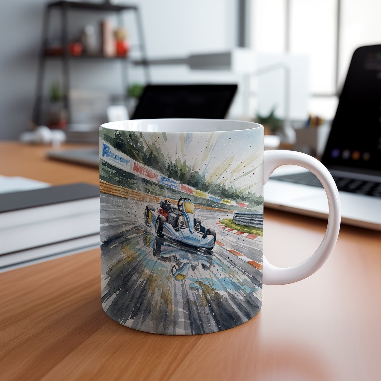 Hrnek s motokárou na mokré trati