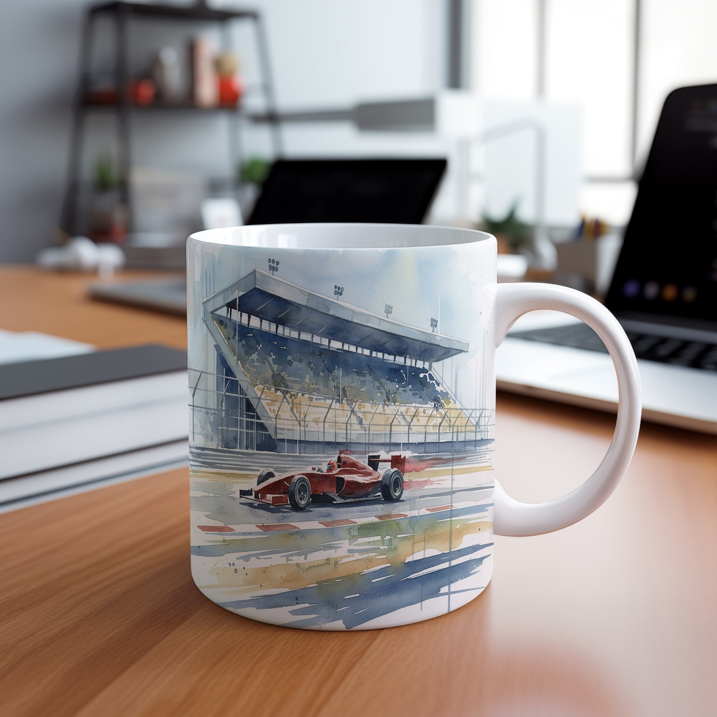 Hrnek s formulí na závodní dráze