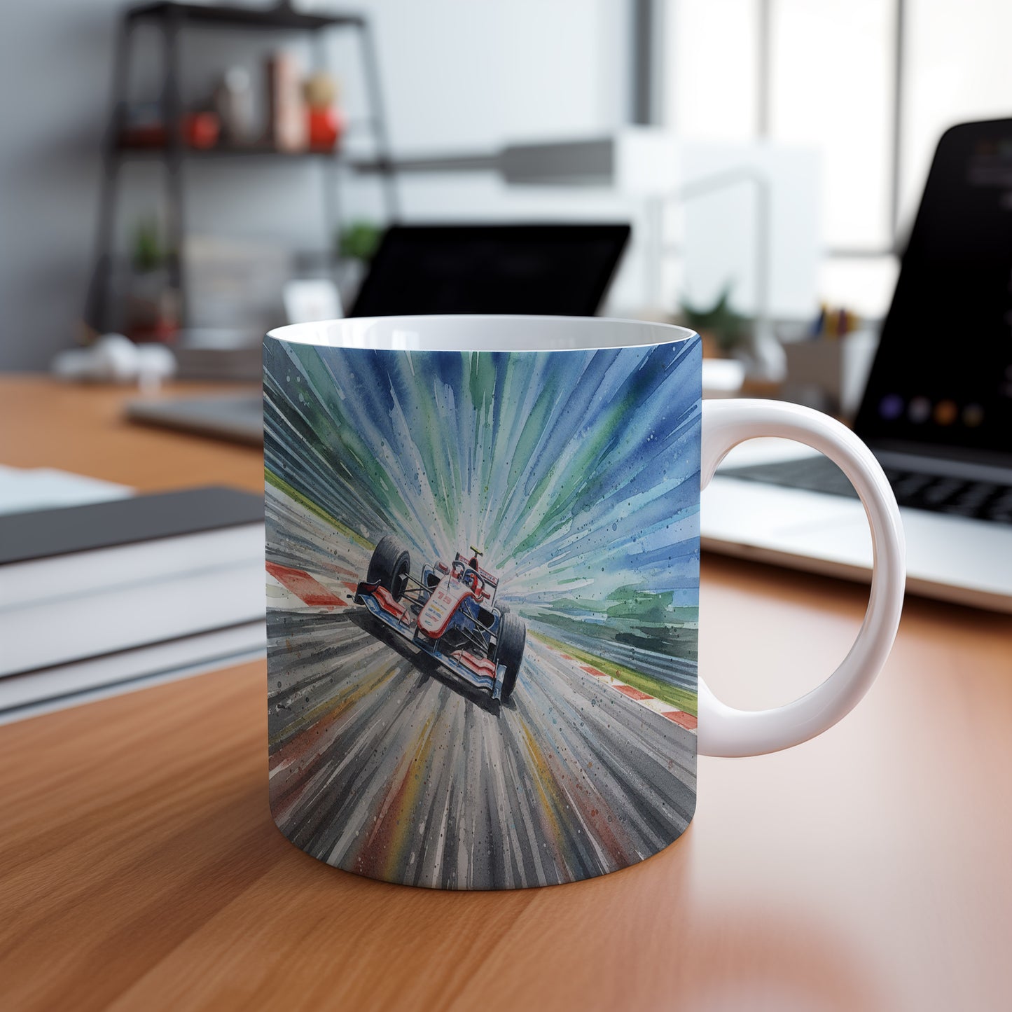 Hrnek s formulí v závodní jízdě