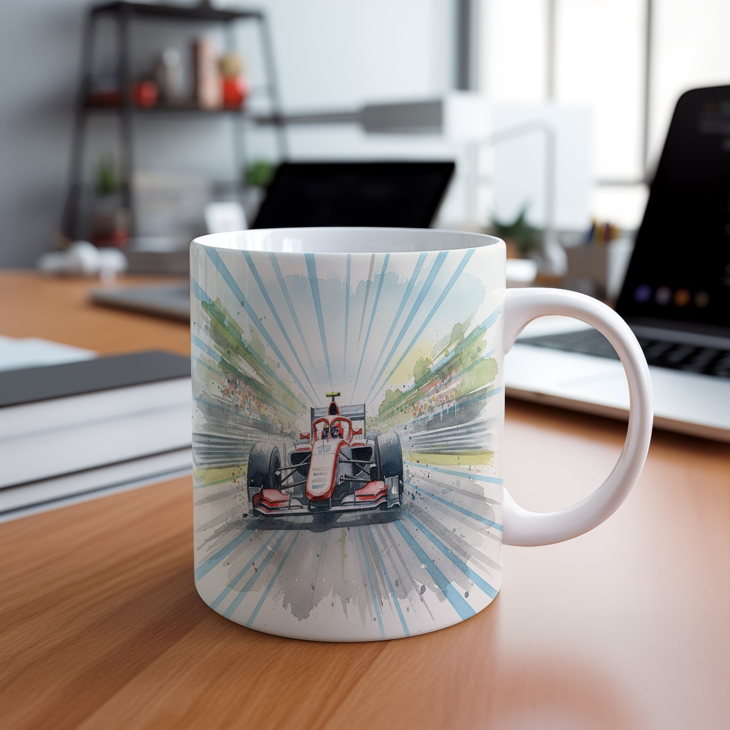 Hrnek s formulí na závodní dráze