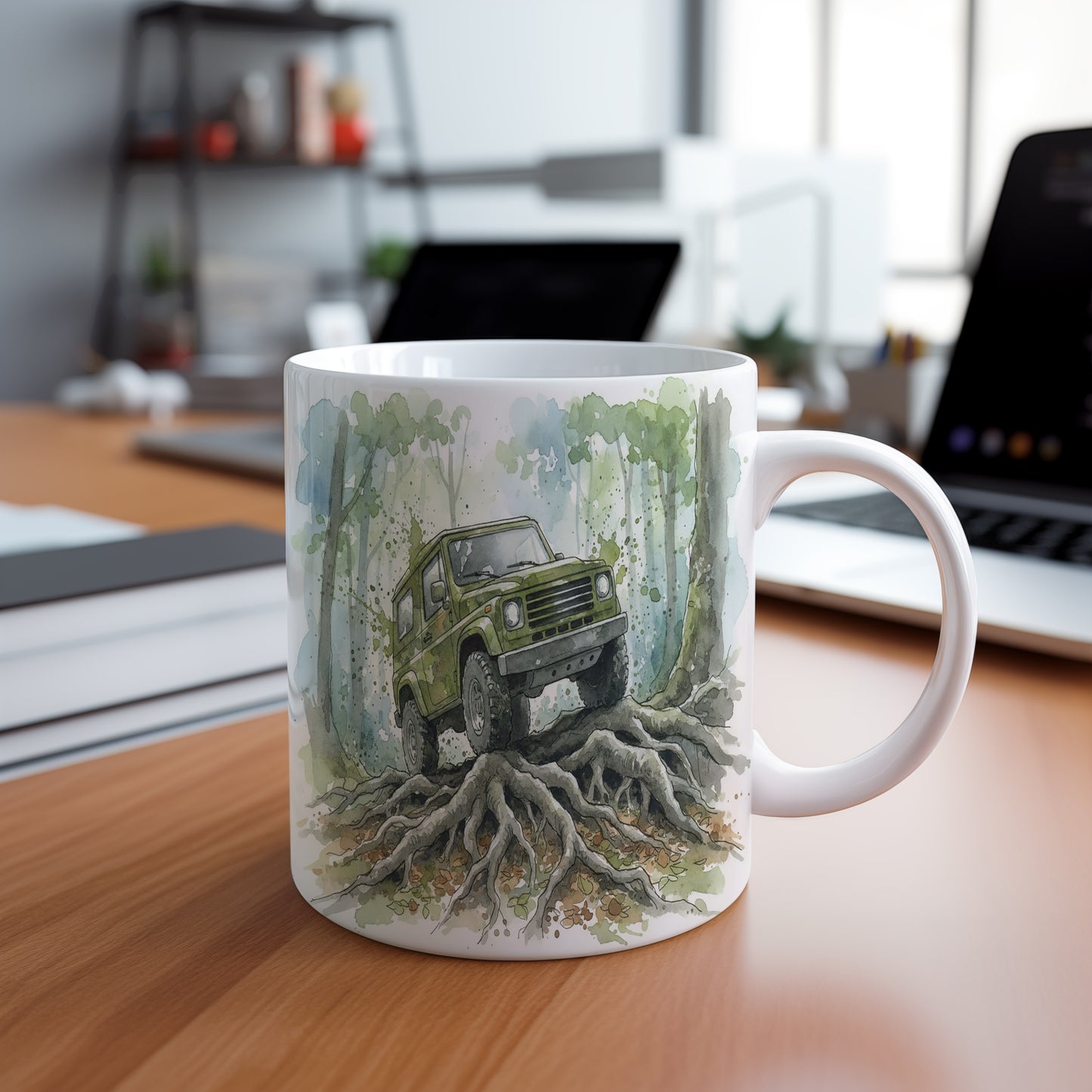 Hrnek s terénním vozem v lese