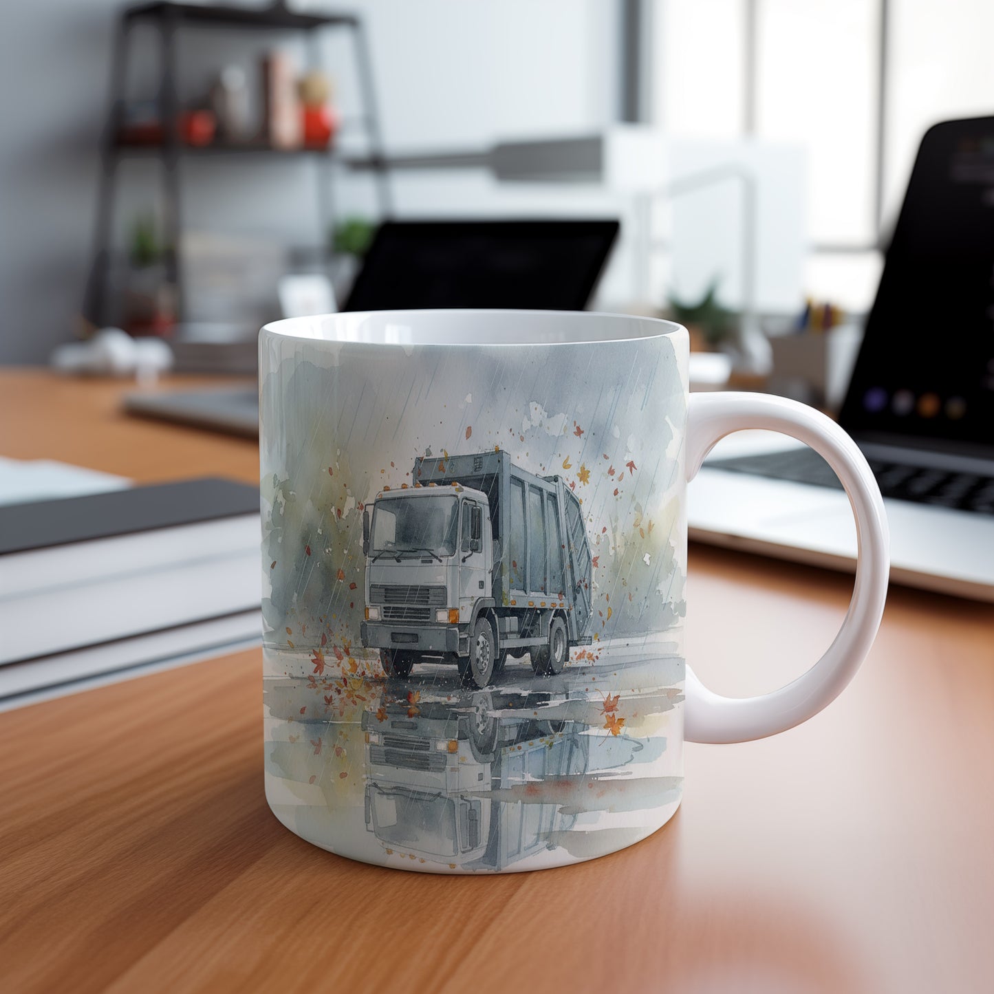 Hrnek s popelářským vozem v podzimní krajině