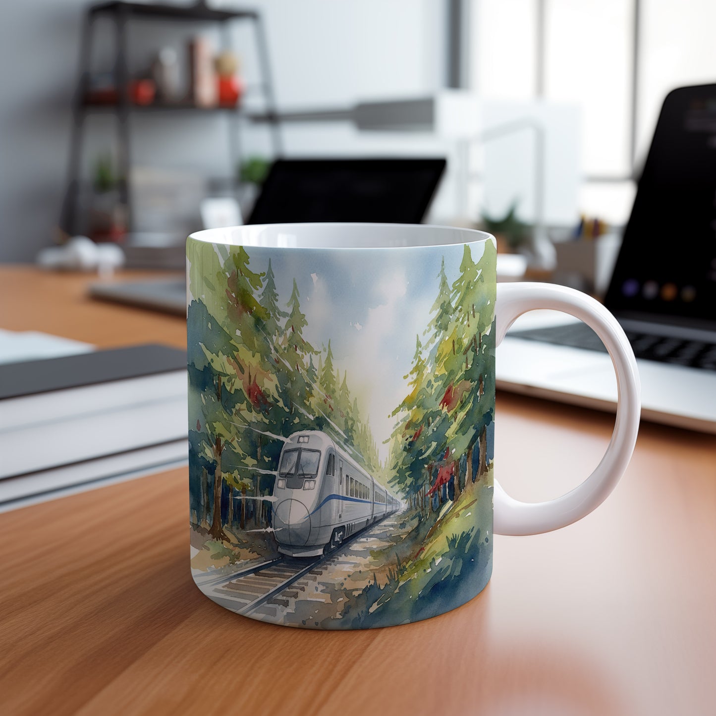 Hrnek s vlakem v lese