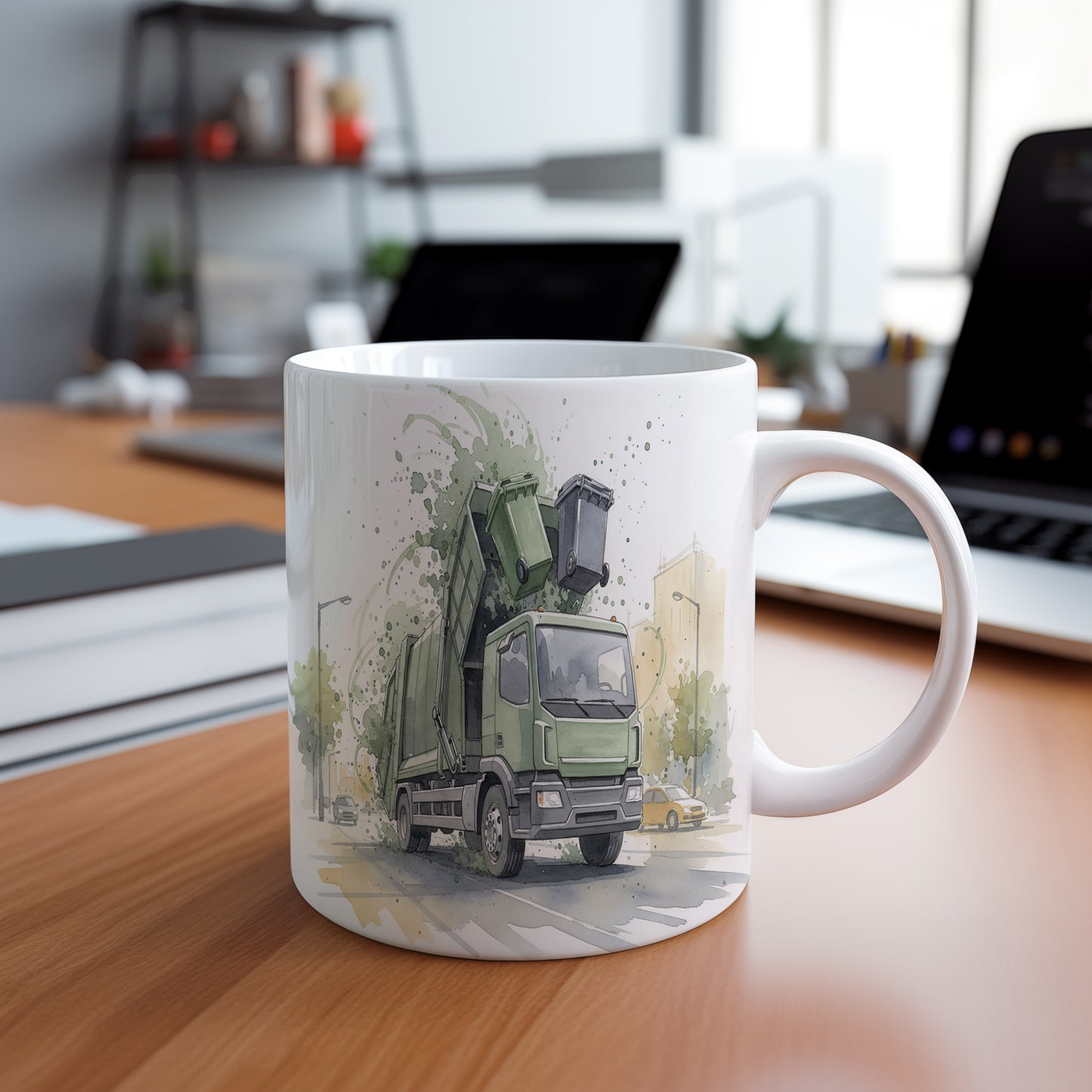 Hrnek s popelářským vozem v akvarelu