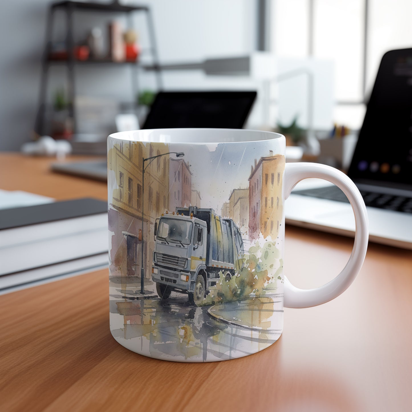 Hrnek s popelářským vozem v ulicích