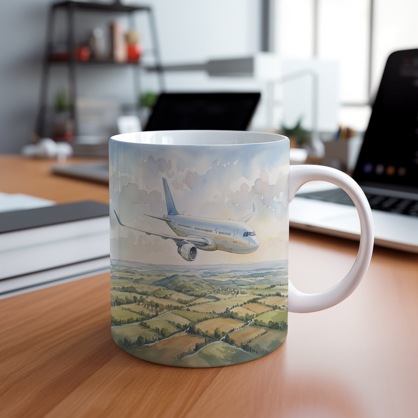 Hrnek s letadlem nad krajinou