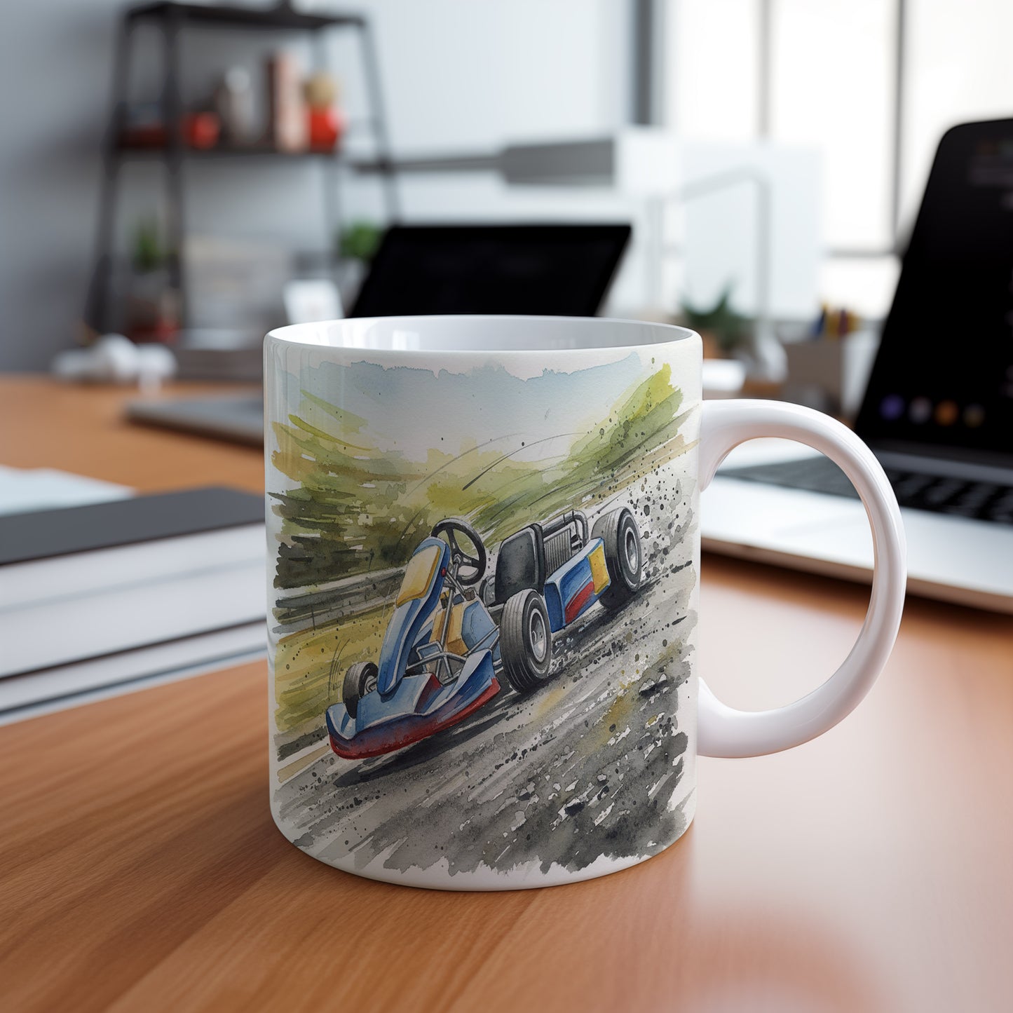 Hrnek s motokárou v zatáčce