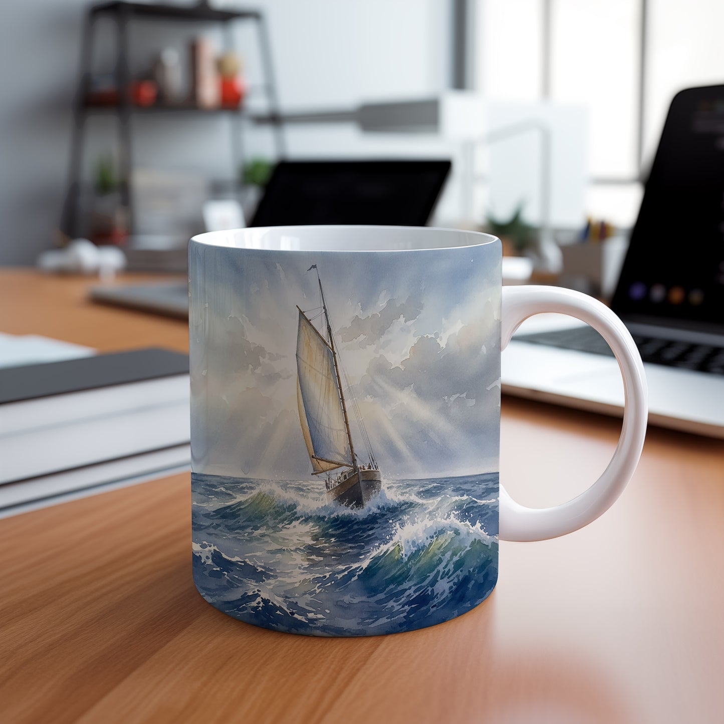 Hrnek s plachetnicí v rozbouřeném oceánu