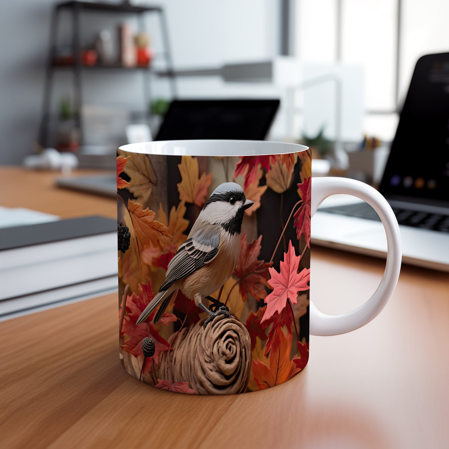 Hrnek s ptáčkem na podzimním listí