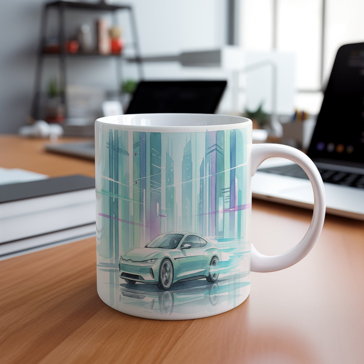 Hrnek s futuristickým autem ve městě