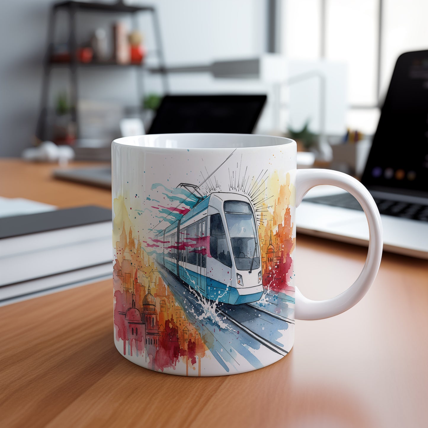 Hrnek s tramvají v akvarelové symfonii