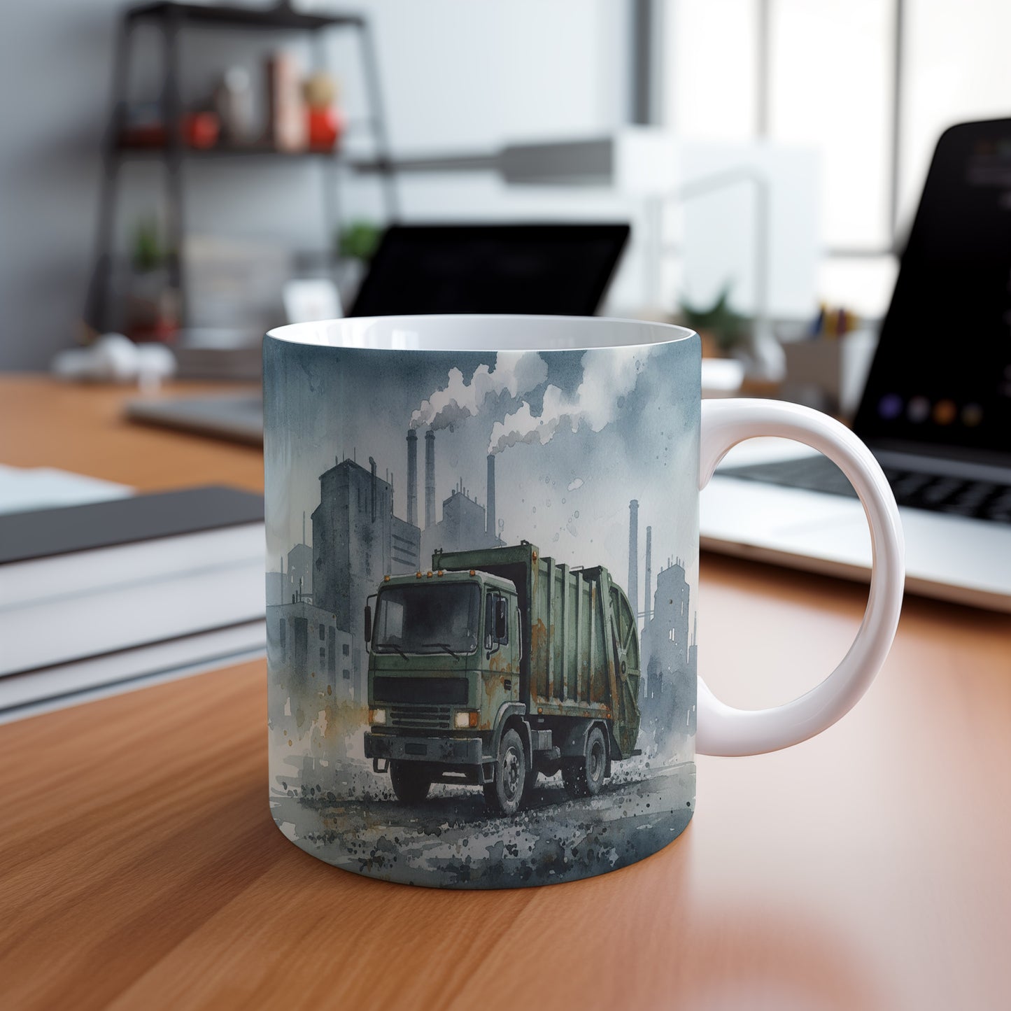 Hrnek s popelářským vozem v průmyslové zóně