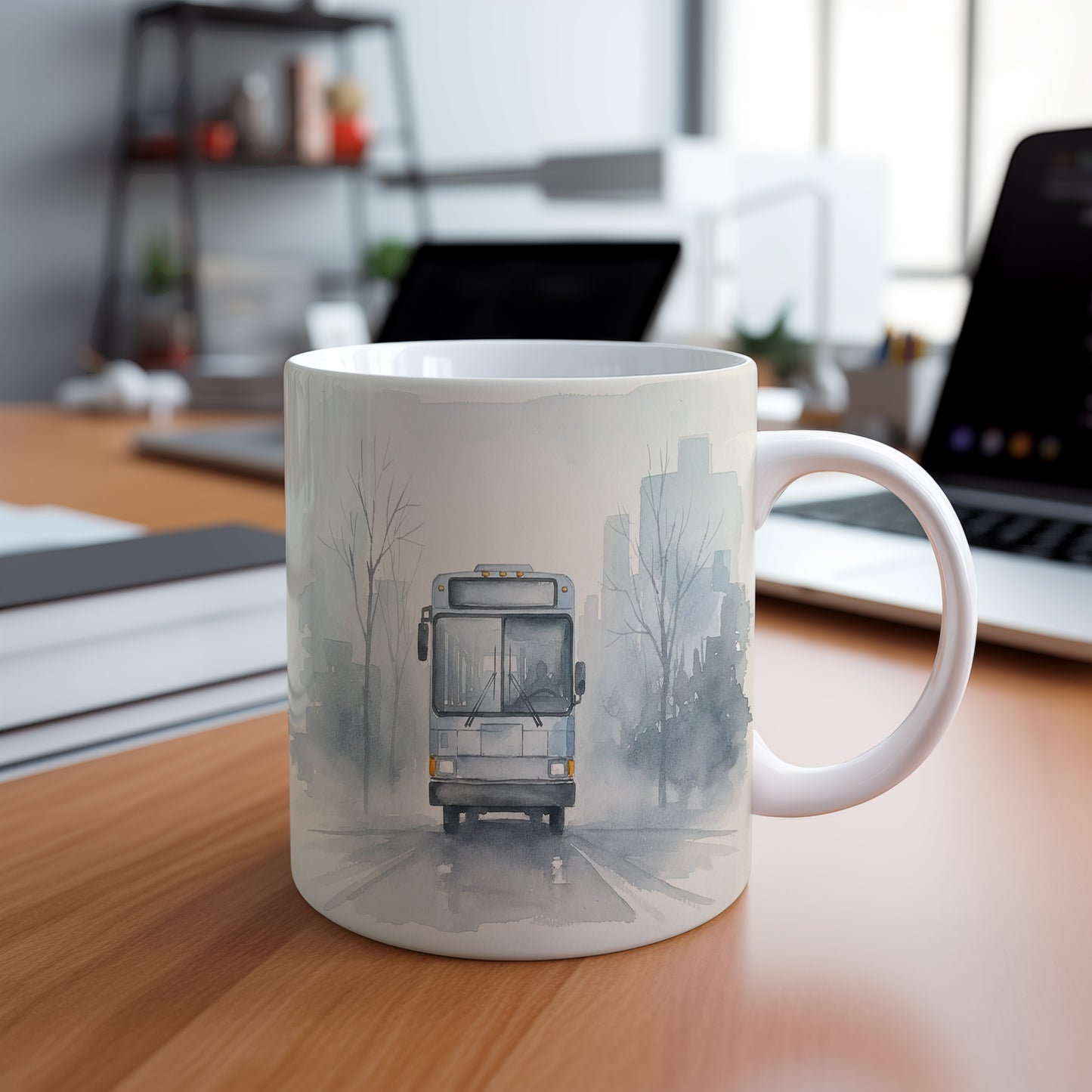 Hrnek s autobusem v mlhavém městě