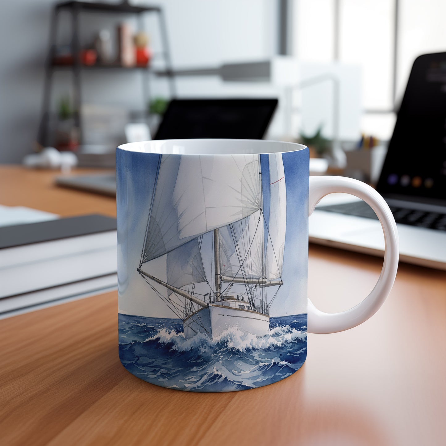 Hrnek s plachetnicí na rozbouřeném moři