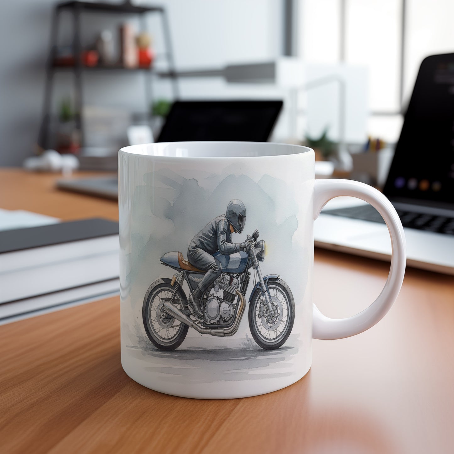 Hrnek s motorkářem na cestě