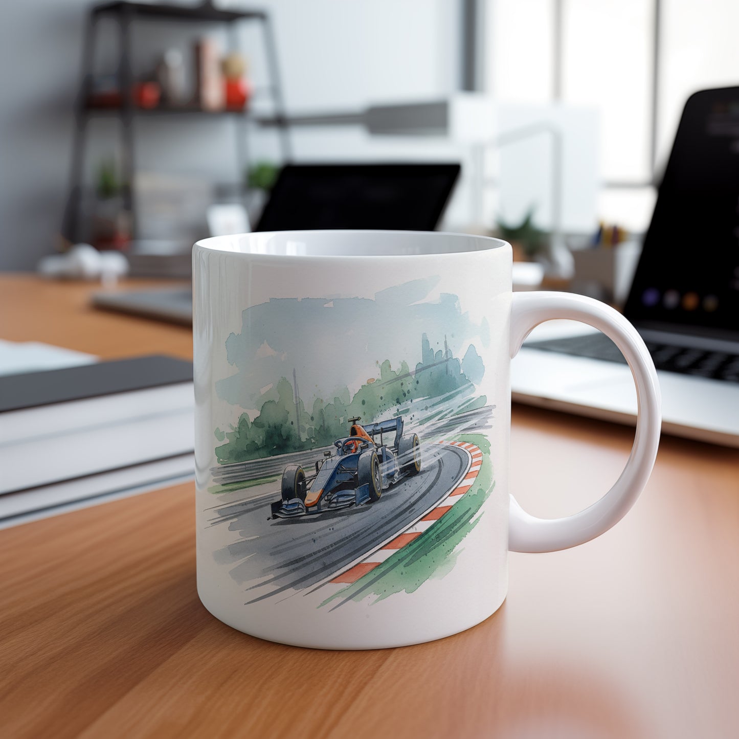 Hrnek s formulí na závodní dráze