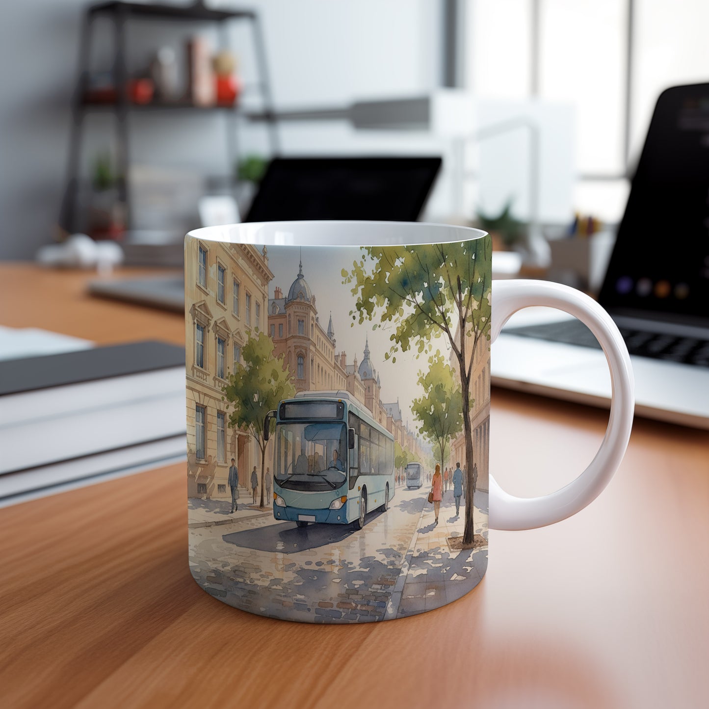 Hrnek s autobusem v slunné ulici