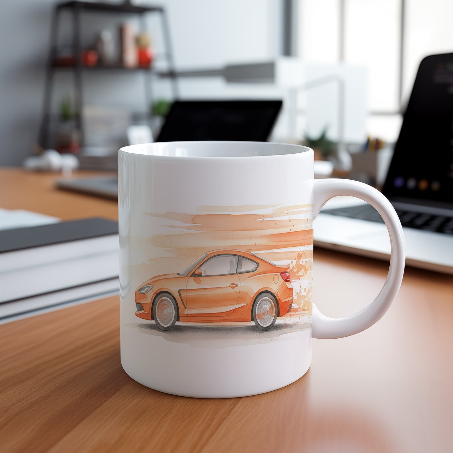 Hrnek s oranžovým sportovním vozem