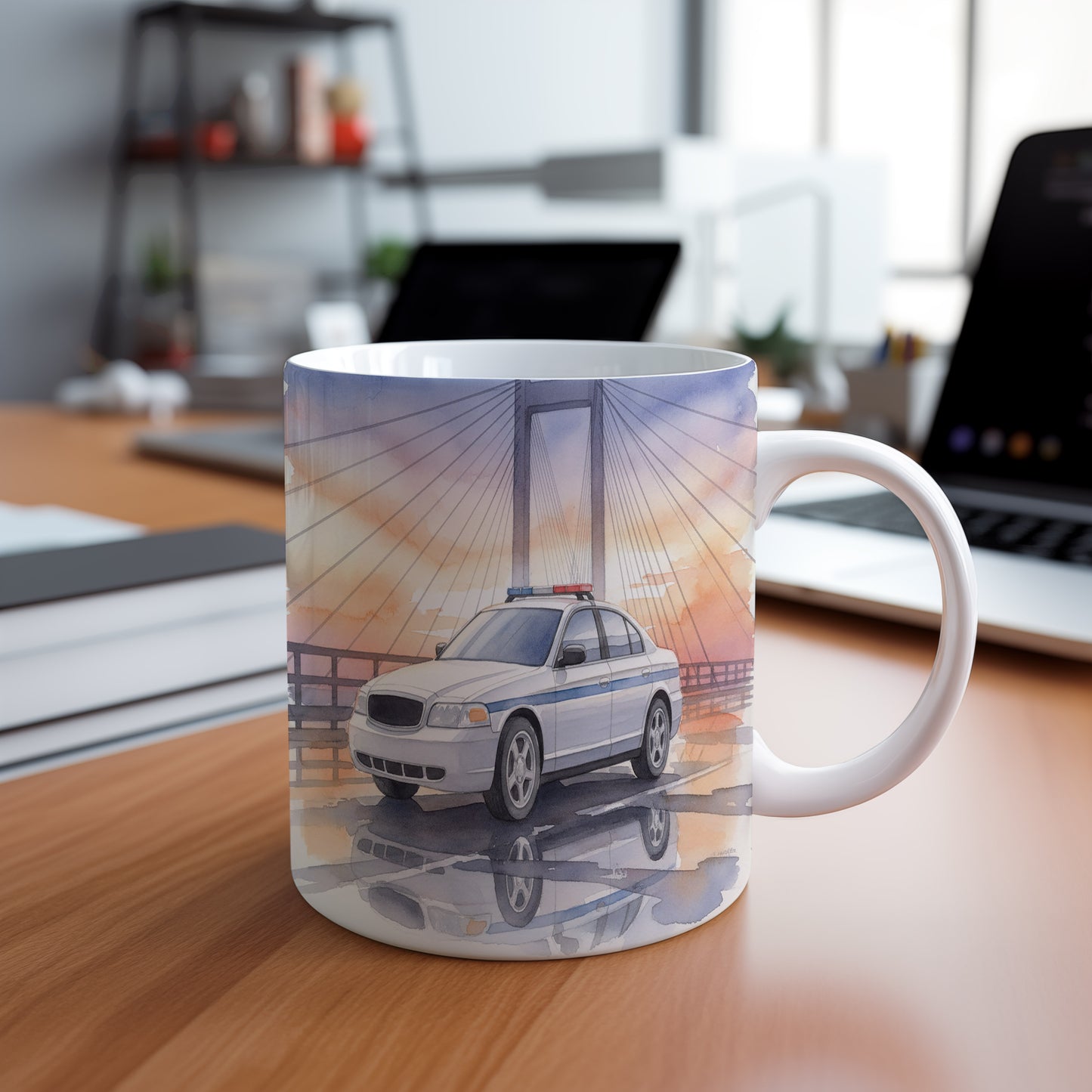 Hrnek s policejním vozem na mostě