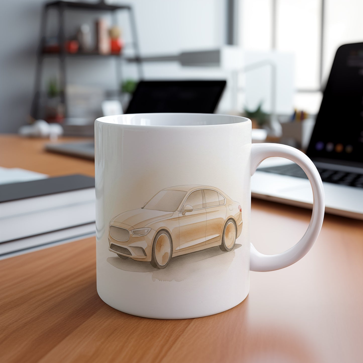 Hrnek s elegantním sedanem v akvarelu