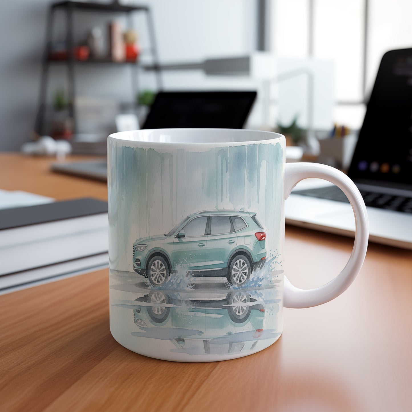 Hrnek s SUV v dešťové spršce