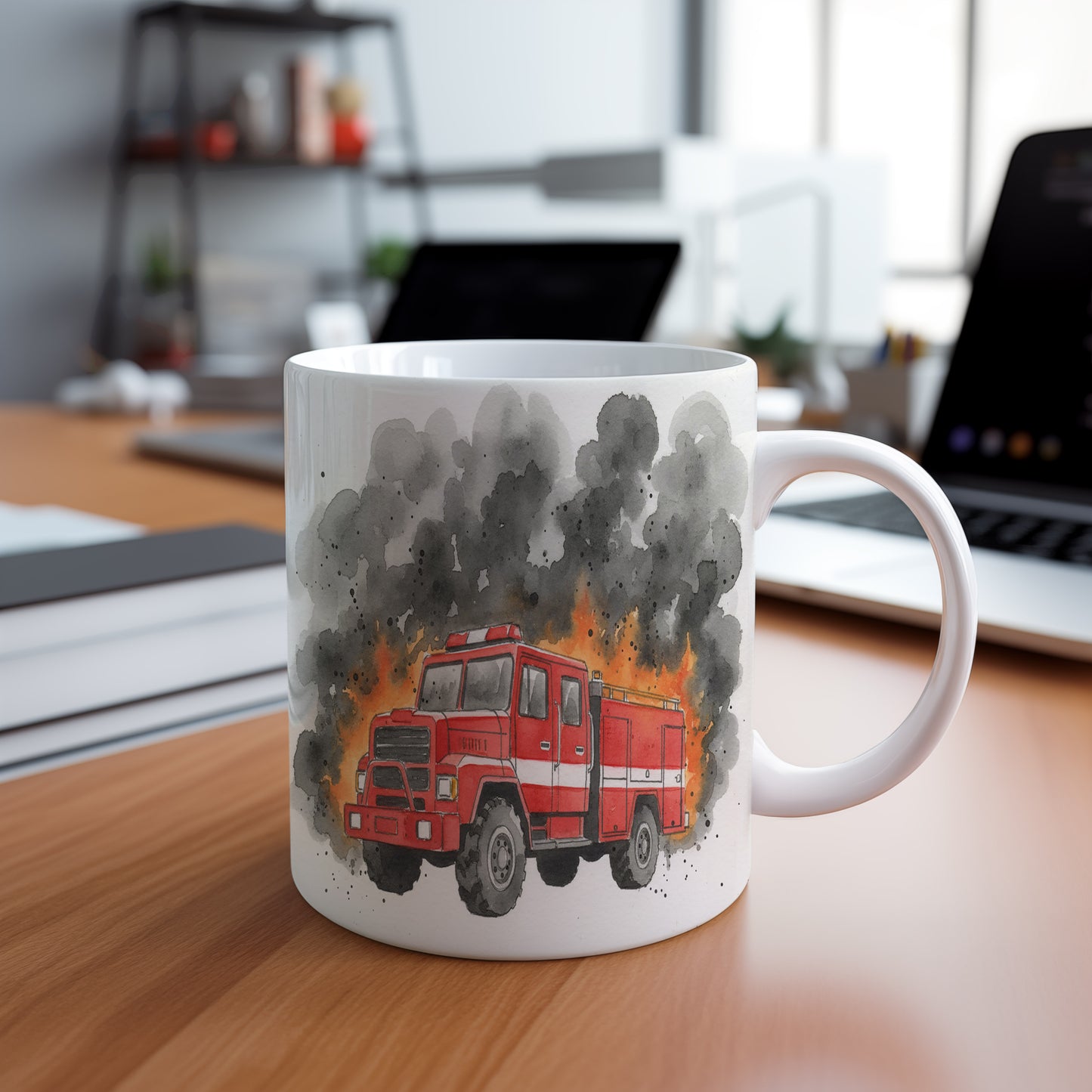 Hrnek s hasičským vozem v plamenech