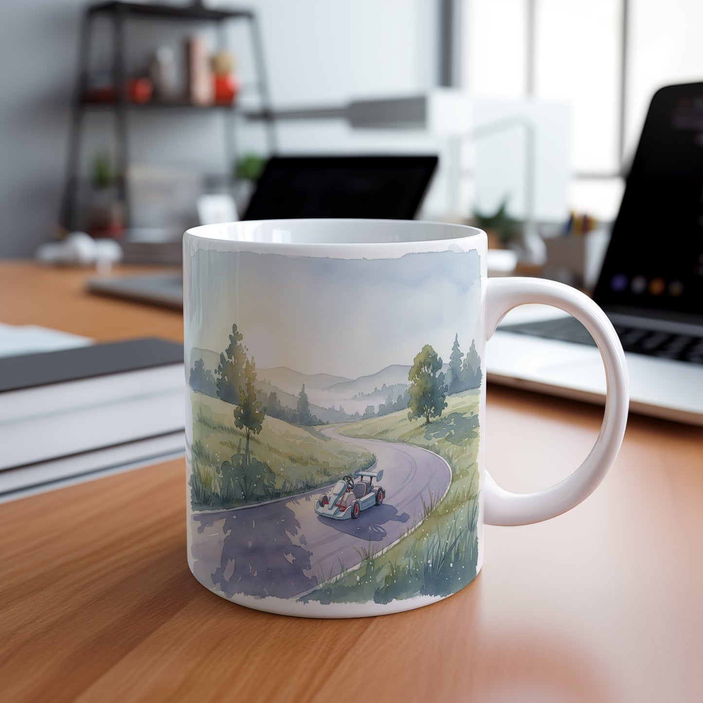 Hrnek s motokárou v krajině