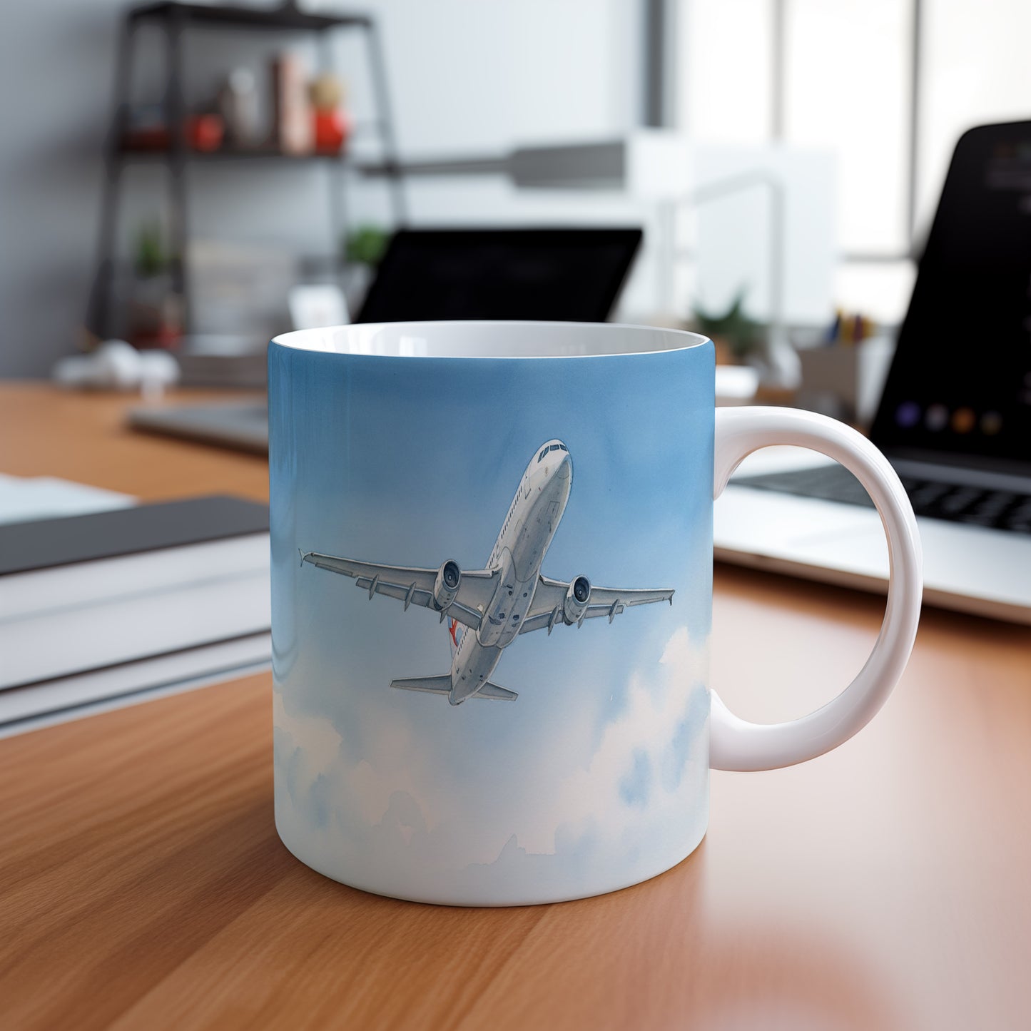 Hrnek s letadlem v modrém nebi