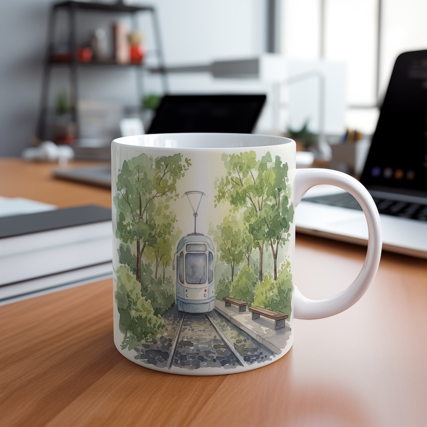 Hrnek s tramvají v parku