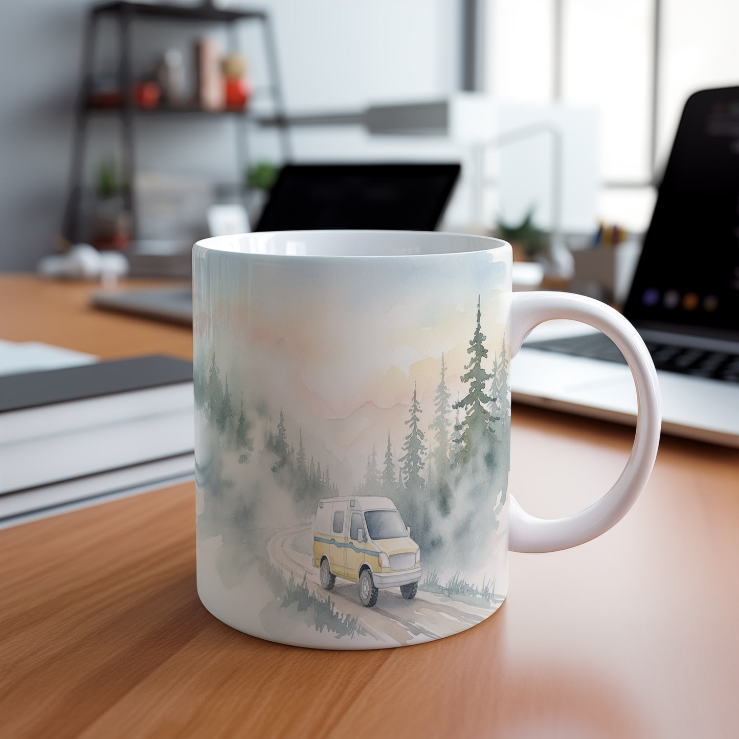 Hrnek s dodávkou v mlžném lese