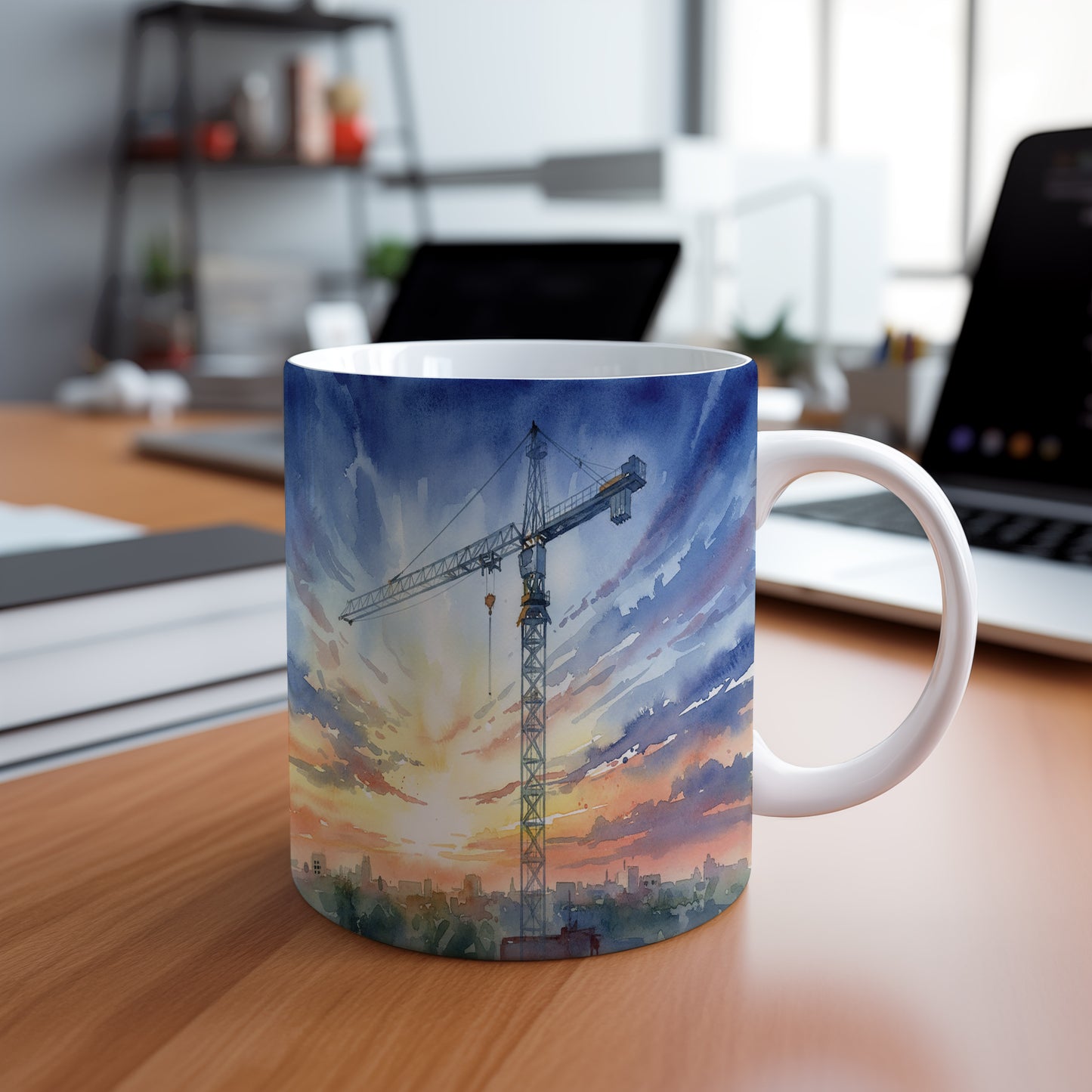 Hrnek s jeřábem nad městem