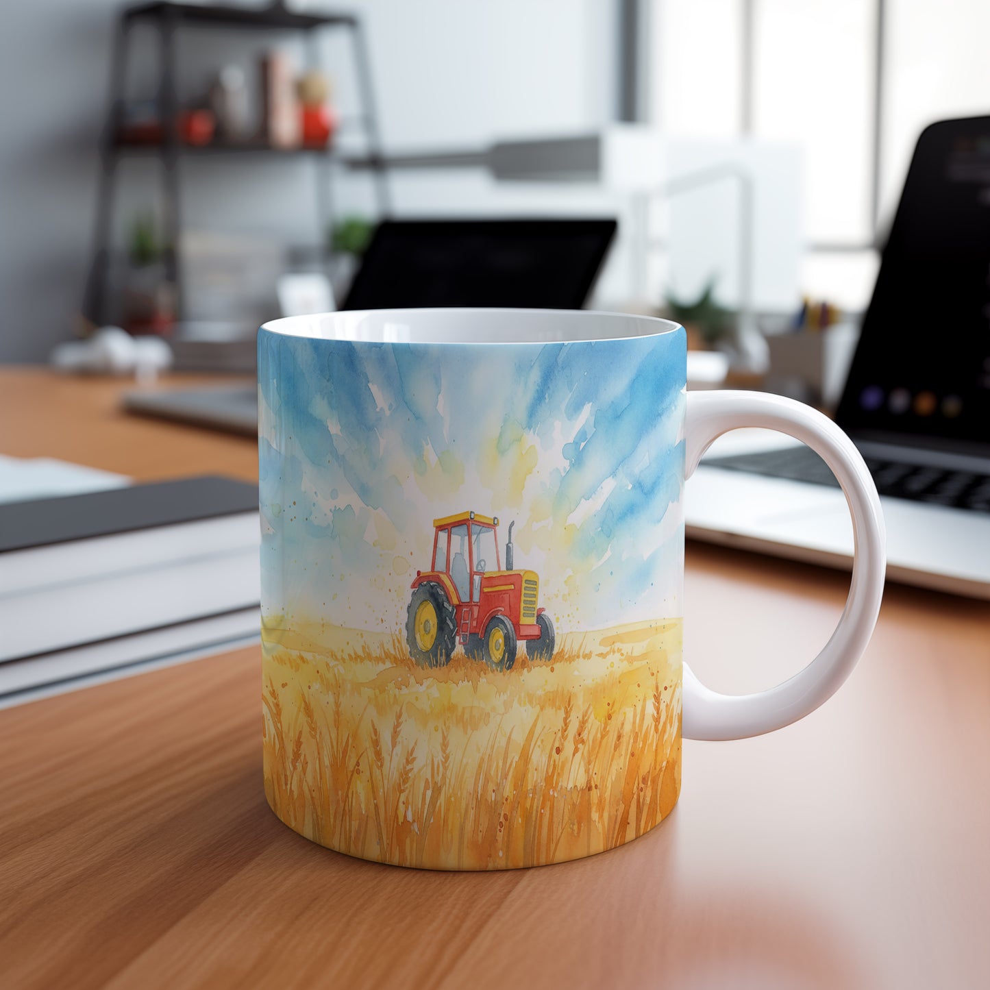 Hrnek s traktorem pod modrou oblohou