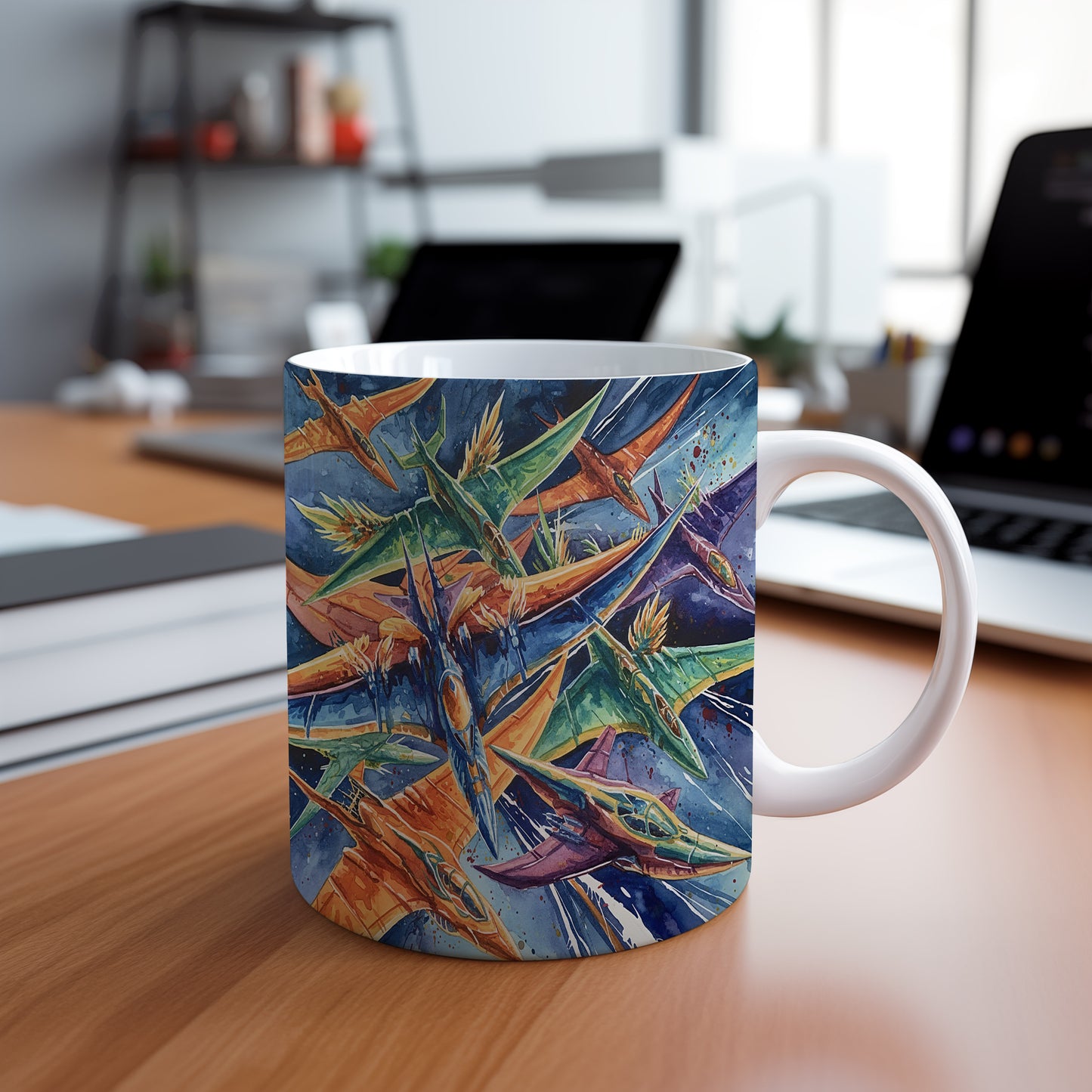 Hrnek s letkou futuristických letadel