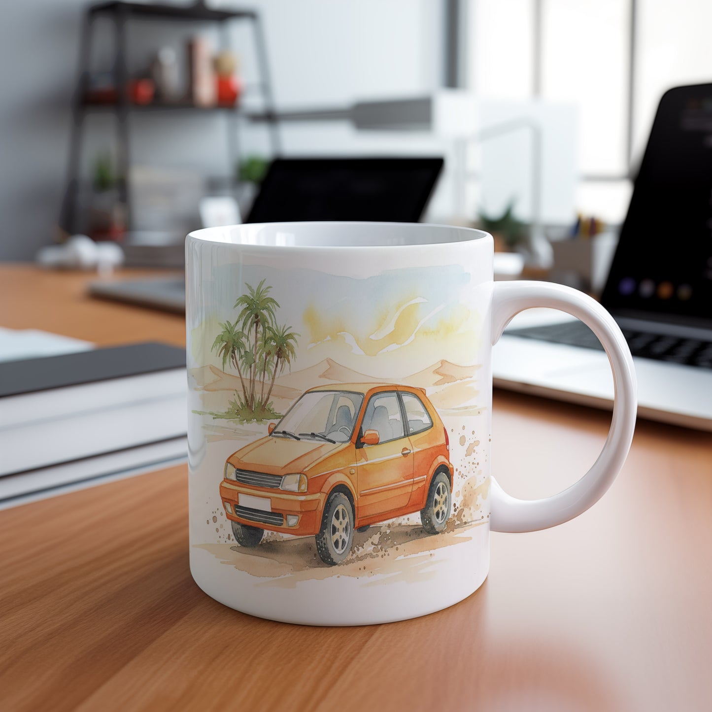 Hrnek se sportovním autem v poušti