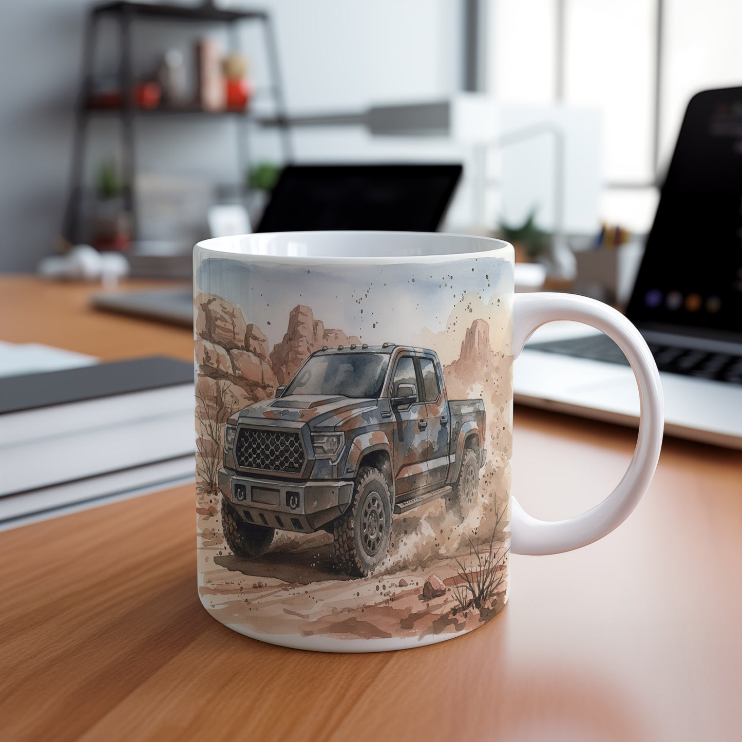 Hrnek s off-roadem v poušti