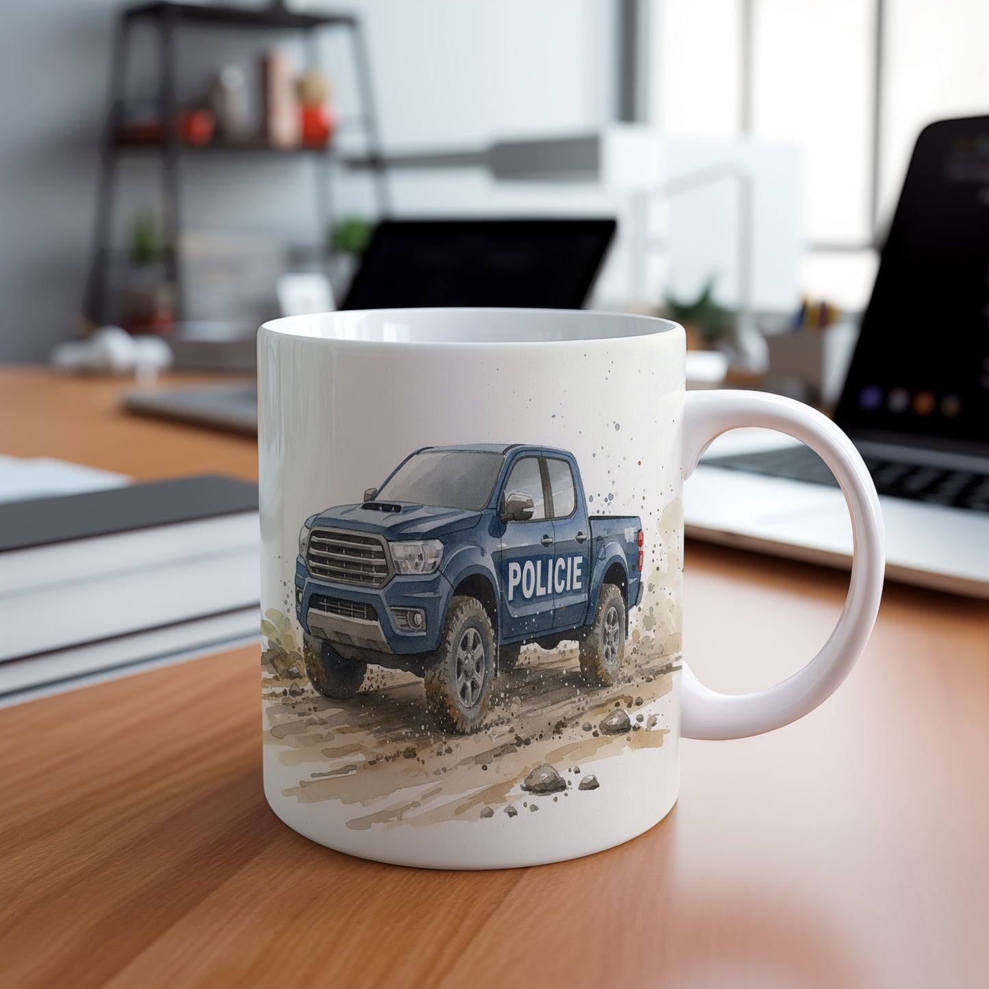 Hrnek s policejním pickupem na prašné cestě