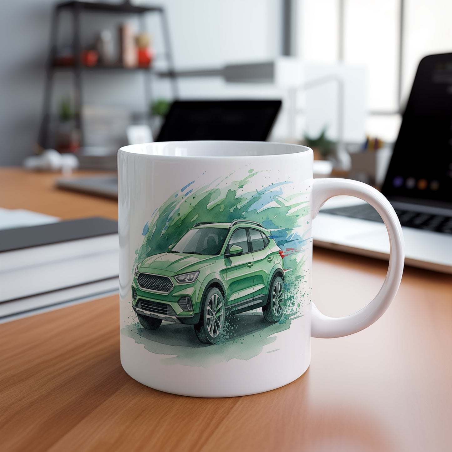 Hrnek se zeleným SUV na travnaté cestě