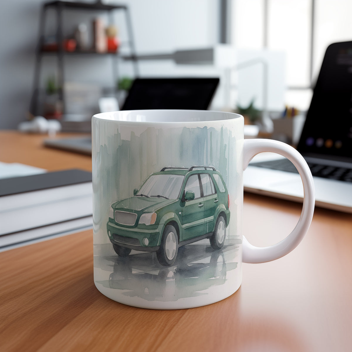 Hrnek s SUV v deštivém městě