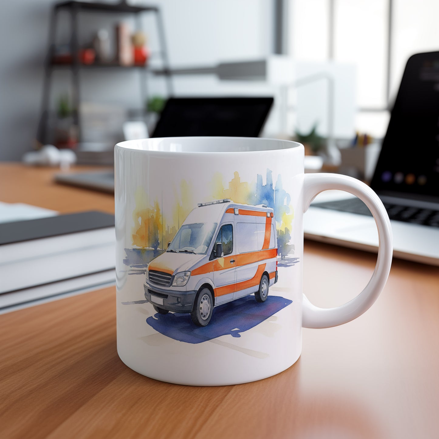 Hrnek se sanitkou na slunečné ulici