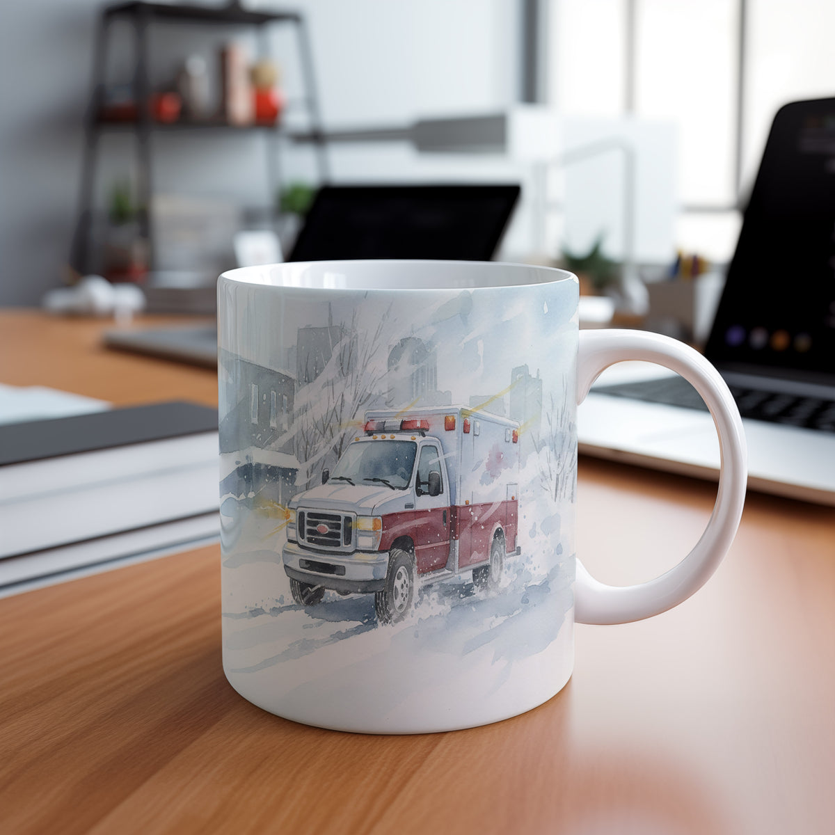 Hrnek s ambulancí v zasněžené ulici