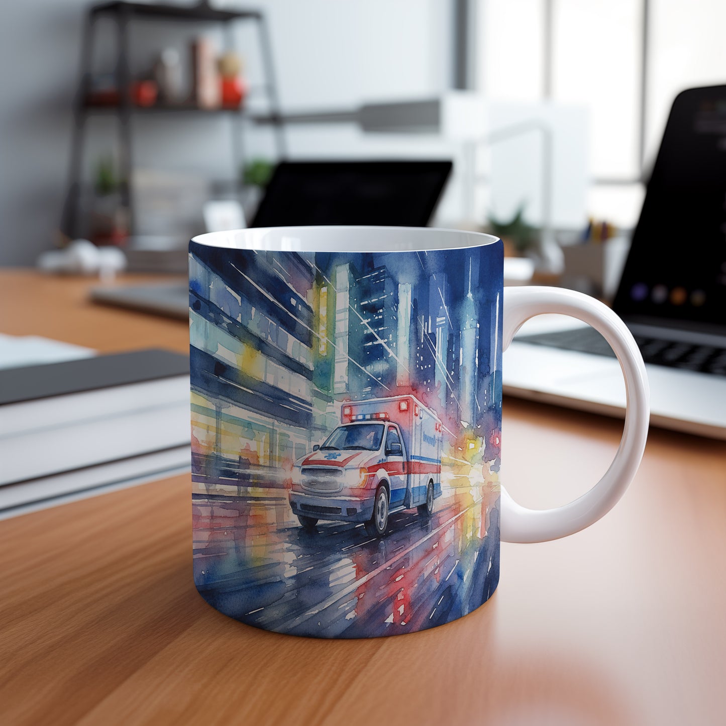 Hrnek s ambulancí v nočním městě